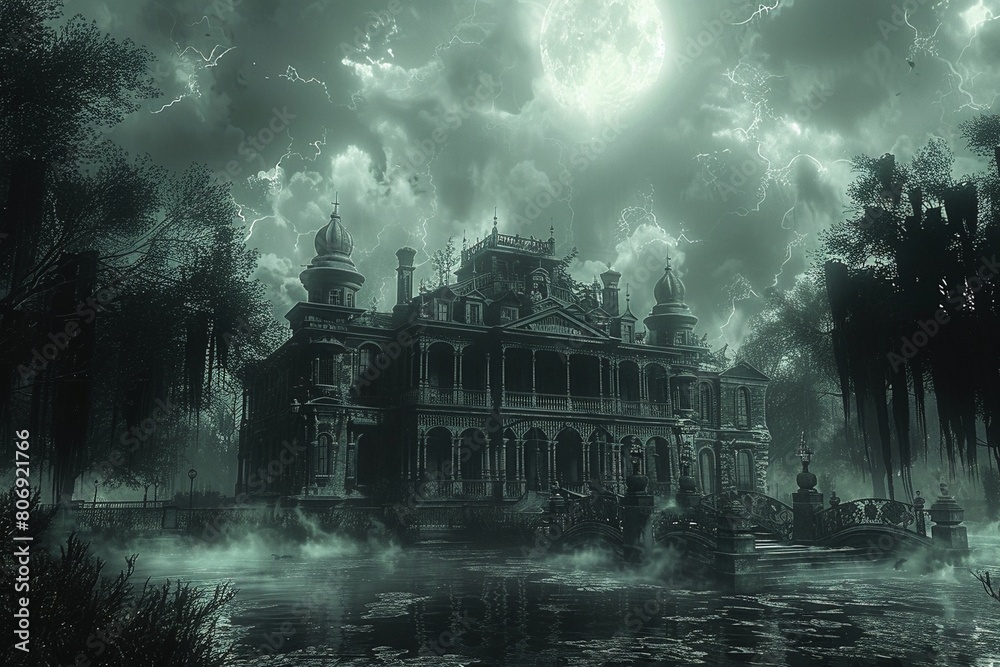 The edge of reality: A haunted mansion teeters on the brink of a charcoal gray quantum realm, rendered in a holographic chiaroscuro style with phosphorescent accents. The edge of reality: A haunted mansion teeters on the brink of a charcoal gray quantum realm, rendered in a holographic chiaroscuro style with phosphorescent accents.