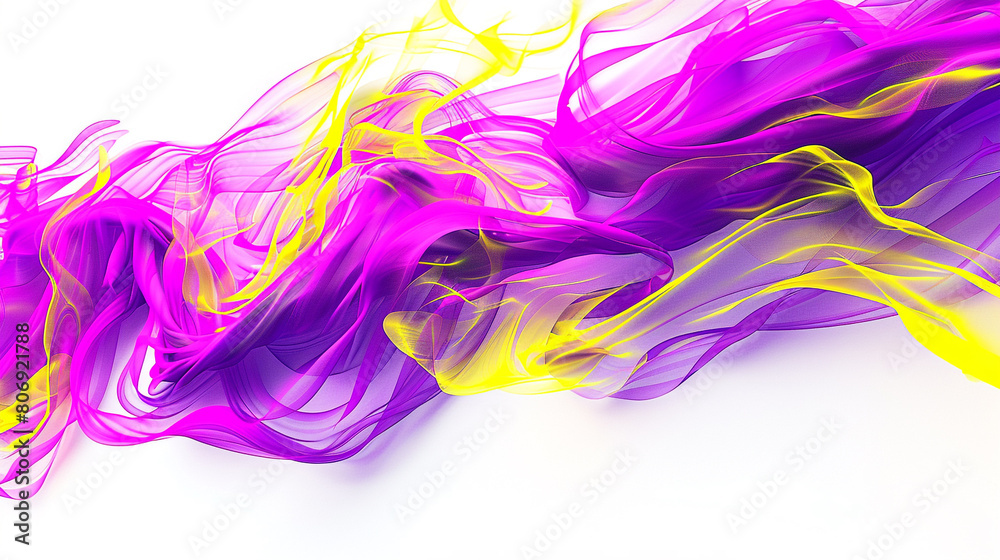 : Waves of electric purple and neon yellow cascading across a white background, creating a vibrant and futuristic abstract