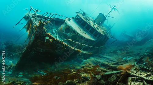 Eerie underwater scene depicting a sunken ship surrounded by marine flora and fauna.
