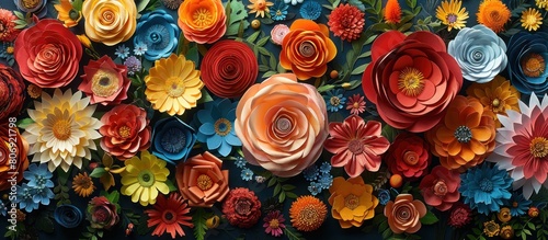 A vibrant display of paper flowers in various colors and sizes