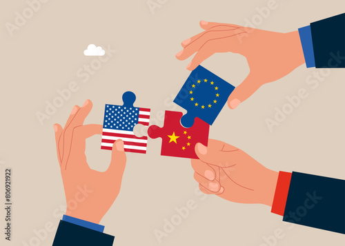 Tripartite political relations and cooperation between United State of America, European Union and China. Flat vector illustration