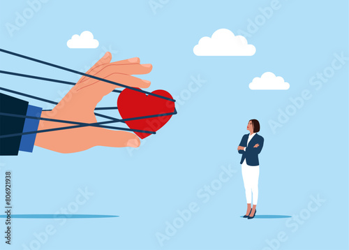 Man with a heart trying to get mutual love away with full effort. Flat vector illustration