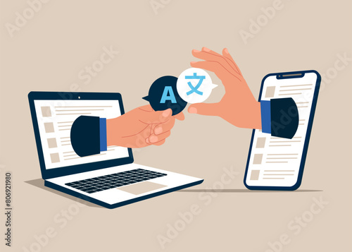 Online tutorials. Educational web seminar, internet classes. Digital classroom, online teaching. Online translator. Linguist. Flat vector illustration