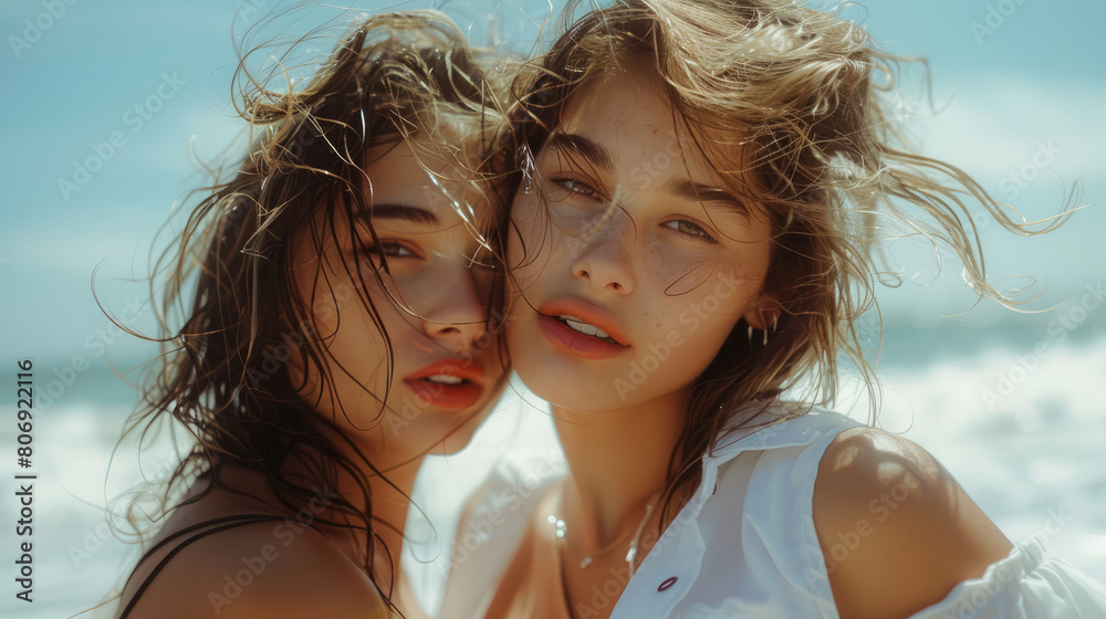 Two women wearing white shirts pose for a photo by the sea Two women wearing white shirts pose for a photo by the sea