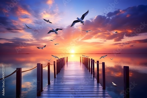 Dreamlike color A wooden bridge extends to the sea wallpaper background
 photo