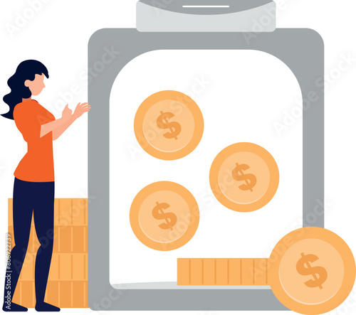 A girl is saving dollar coins in a jar.