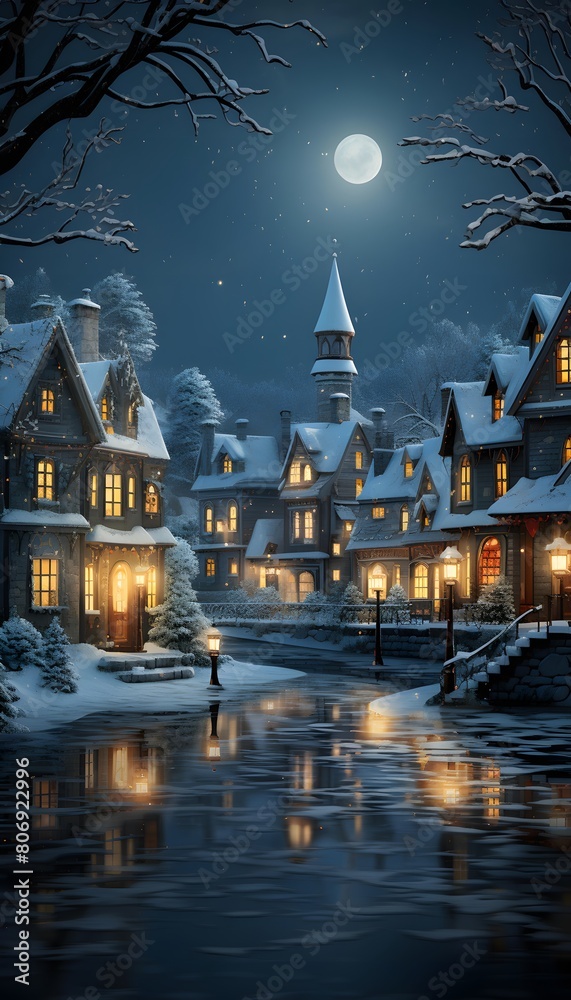 Houses on the bank of a frozen river at night with a full moon