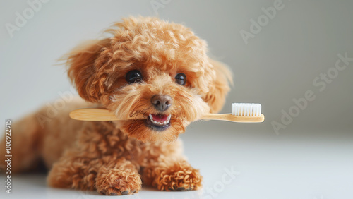 Cute miniature poodle holding a toothbrush in his teeth on a blank background with copy space, close-up. Healthy teeth concept photo