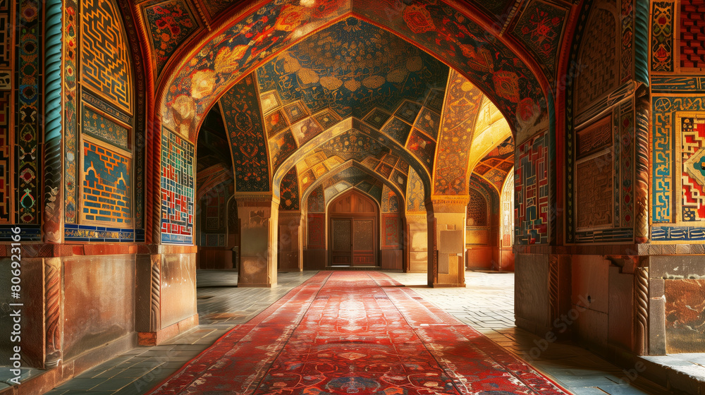 Obraz premium Interior of an ornate traditional hall with vibrant arches, detailed mosaic work, and a long red carpet.