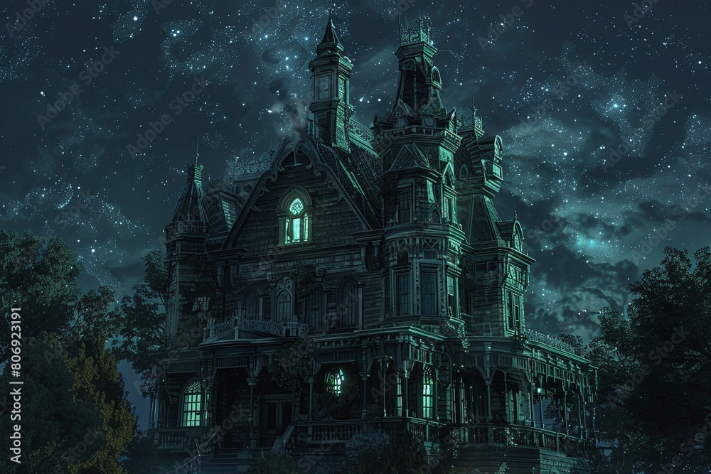 Eerie mansion at the twilight zone, where charcoal grays meet quantum flickers. Holographic chiaroscuro technique creates a haunting scene with glowing phosphorescent highlights. Eerie mansion at the twilight zone, where charcoal grays meet quantum flickers. Holographic chiaroscuro technique creates a haunting scene with glowing phosphorescent highlights.