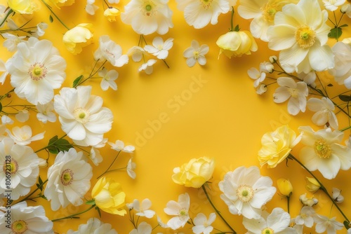 Multiple white flowers and copy space on a yellow background