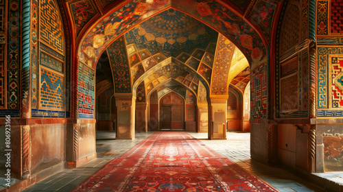 Interior of an ornate traditional hall with vibrant arches, detailed mosaic work, and a long red carpet.