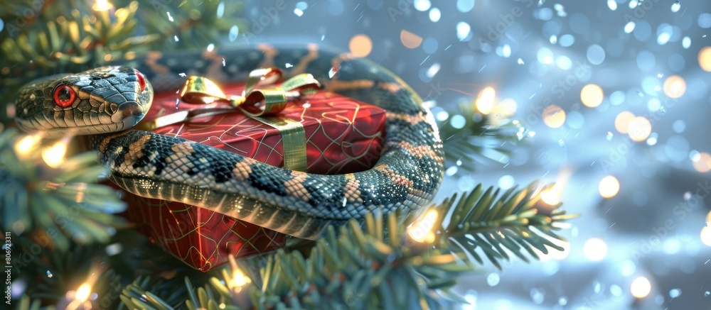 A snake coils around a festive gift nestled in a Christmas tree A snake coils around a festive gift nestled in a Christmas tree