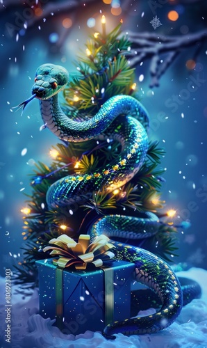 A festive snake entwined around a Christmas tree with a gift box below