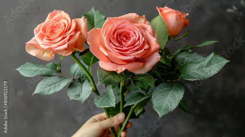   A person holding a bouquet of pink roses against a gray backdrop