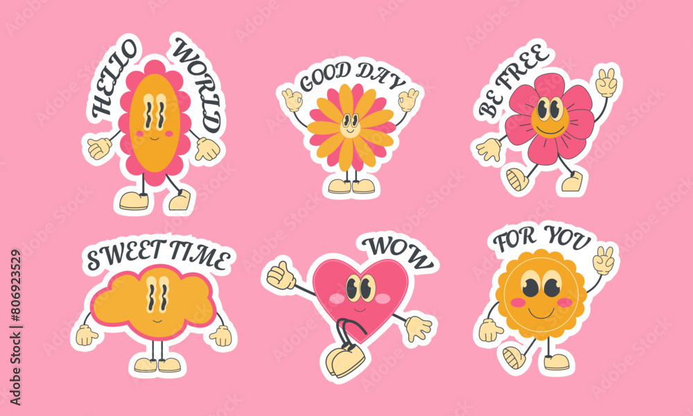 A set of stickers of cartoon groovy characters with inscriptions in the style of the 90s, 2000s. 2000s elements set A set of stickers of cartoon groovy characters with inscriptions in the style of the 90s, 2000s. 2000s elements set