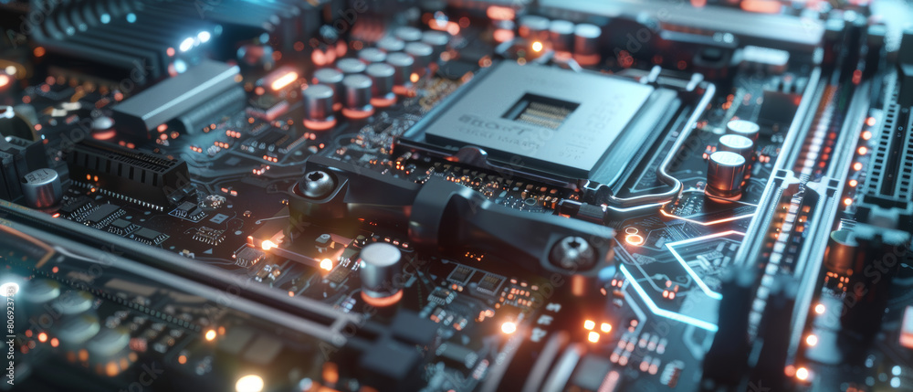 Intricate motherboard circuitry illuminated, depicting the power of modern computing technology.