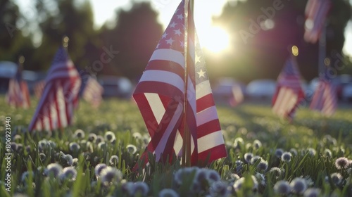 Memorial Day with USA Flag in Focus with flowers, US Memorial Day photo