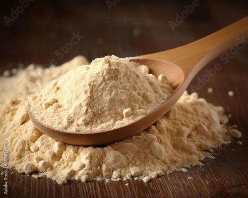 A closeup of Brewers yeast powder in a wooden spoon against a backdrop of freshly baked bread, emphasizing its use in baking and its natural origins