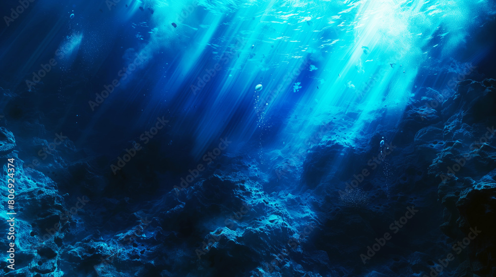 Fototapeta premium Deep underwater scene with beams of light filtering through, illuminating small fish and rock formations.