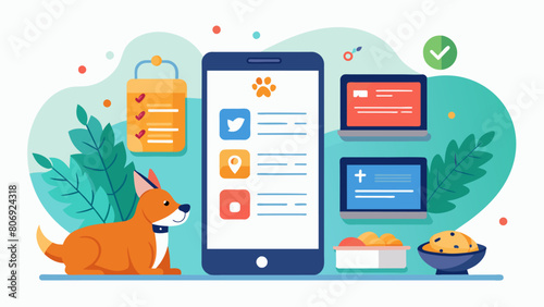 Take the guesswork out of feeding your dog with a comprehensive diet app that offers a database of petsafe food options and portion control. Vector illustration
