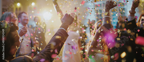 Euphoric party atmosphere encapsulated by people, confetti and ecstatic celebration.