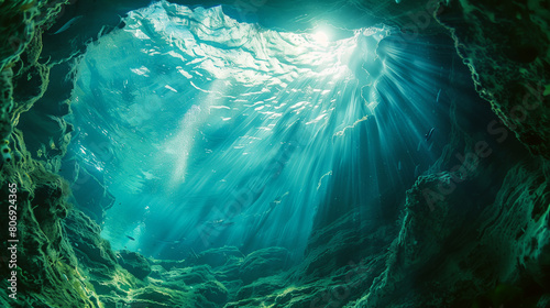 A stunning underwater scene showing sun rays filtering through water, illuminating rocks and fish.