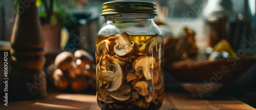 A serene jar of pickled mushrooms bathed in the warm glow of kitchen light.