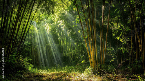 A Serene Bamboo Forest in the Early Morning Light  with Shafts of Sunlight Filtering Through the Dense Foliage  Tranquility and Beauty of the Natural Environment