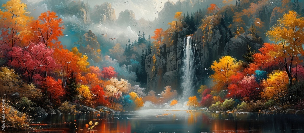 A stunning autumn landscape with colorful trees, flowers and a beautiful waterfall in the background