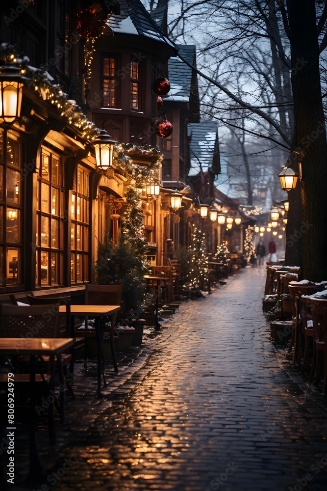 Beautiful street at night in the old town of Riga, Latvia