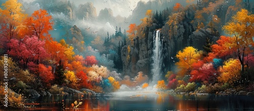 A stunning autumn landscape with colorful trees, flowers and a beautiful waterfall in the background