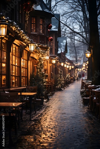 Beautiful street at night in the old town of Riga, Latvia