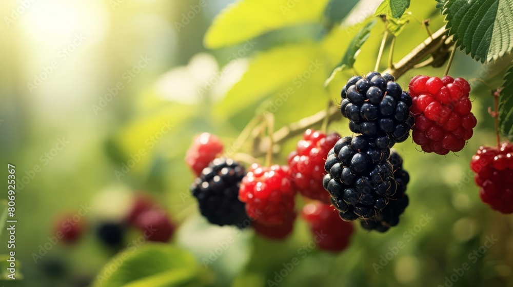 Closeup of dewcovered berries in a natural setting, with a softfocus forest backdrop, perfect for organic or health food product promotions