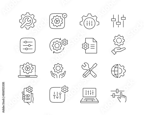 Options and Settings Icon collection containing 16 editable stroke icons. Perfect for logos, stats and infographics. Edit the thickness of the line in Adobe Illustrator (or any vector capable app).