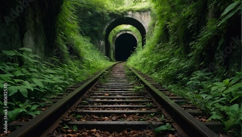 vintage railway track with tunnel in nature forest.