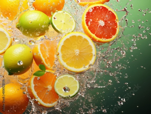 A vibrant background of scattered fresh citrus fruits with droplets of water  highlighting their natural juiciness and freshness  ideal for beverage advertisements