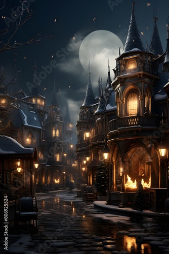 Fairy tale castle at night with full moon, 3d render