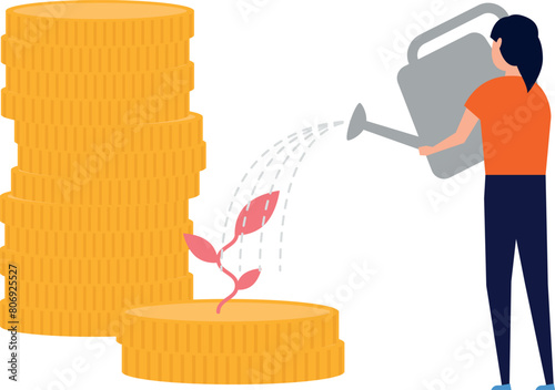 The girl is watering the coins.