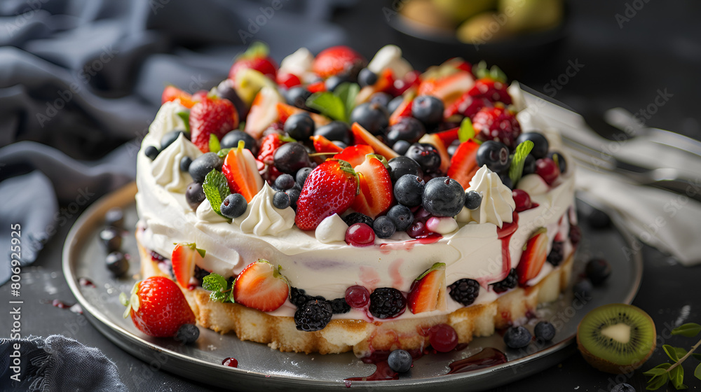Garnished strawberry cream cake with fruits and cream in a wooden table ai generative