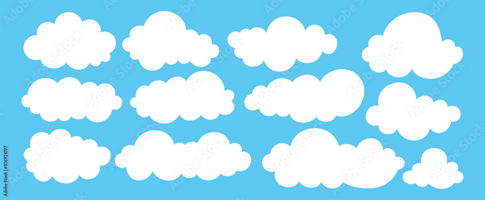 Vector set white flat clouds, sky, vector clouds, clouds collection on blue background