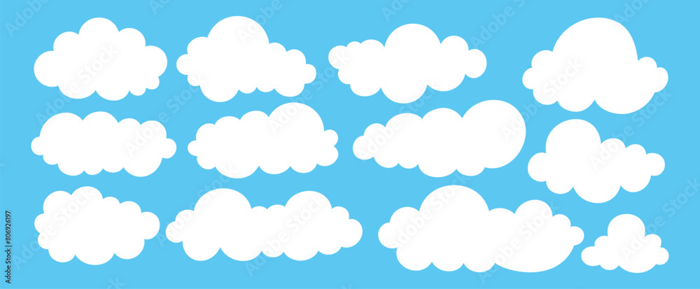 Vector set white flat clouds, sky, vector clouds, clouds collection on blue background Vector set white flat clouds, sky, vector clouds, clouds collection on blue background