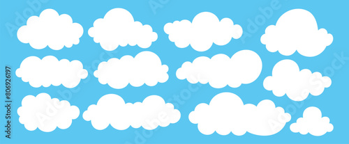 Vector set white flat clouds, sky, vector clouds, clouds collection on blue background