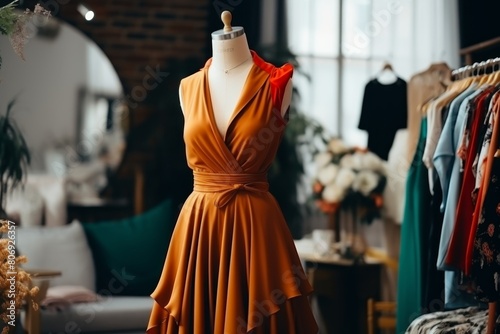 An elegant orange dress displayed on a mannequin in a boutique window. This eye-catching dress features a ruched bodice, pleated skirt, and tie waist, perfect for any special event or night out. photo