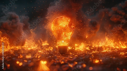  A lone light bulb glows amidst a sea of flames and billowing smoke