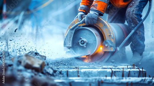 A construction worker in orange safety gear using a power saw to cut through concrete, emitting sparks.