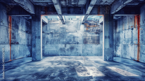 Modern industrial interior with exposed concrete walls, beams, and pillars, featuring natural lighting. photo