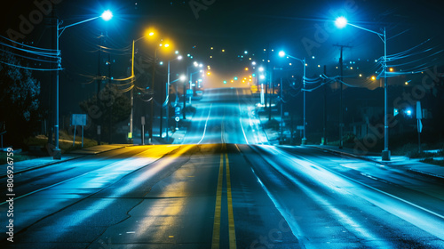 A night scene of an empty urban street lit by streetlights, with glowing street lines and a moody atmosphere. © Natalia