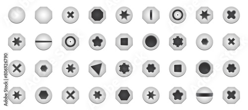 Set of steel metal bolts, hardware grey caps with grooves and holes on top view