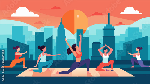 A rooftop yoga class taking place in the early morning with the skyline serving as a stunning backdrop..